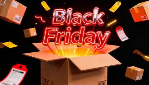 Caixa aberta com a frase Black Friday, embalagens e etiquetas de produtos ao redor