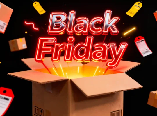 Caixa aberta com a frase Black Friday, embalagens e etiquetas de produtos ao redor
