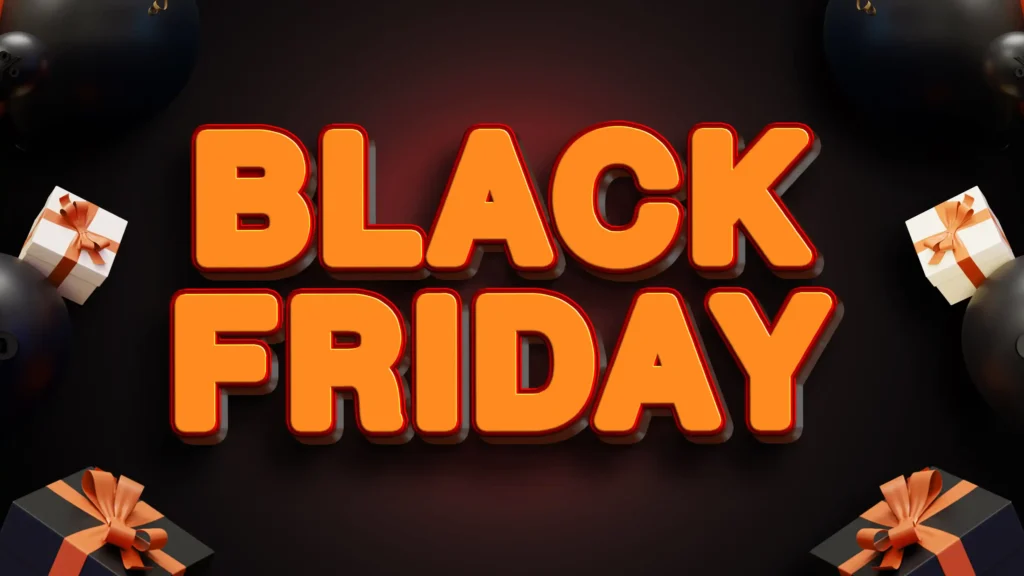 Ilustração com a frase “Black Friday” em destaque, cercada por caixas de presente e elementos decorativos, representando a preparação para a Black Friday 2026