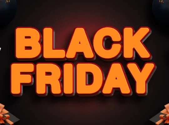Ilustração com a frase “Black Friday” em destaque, cercada por caixas de presente e elementos decorativos, representando a preparação para a Black Friday 2026