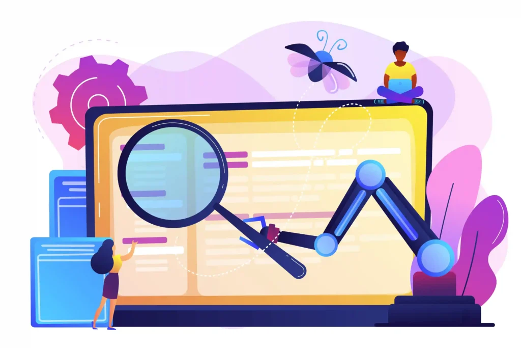 Ilustração de uma tela com lupa sendo movimentada por um braço robótico, enquanto pessoas observam o conteúdo, representando como a busca com IA analisa informações para responder ao consumidor