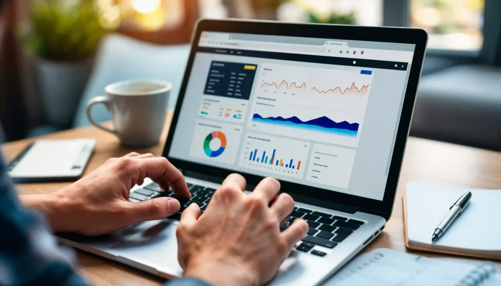 Pessoa analisando gráficos de desempenho de campanhas publicitárias em um notebook