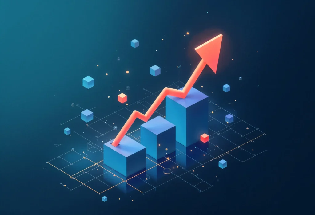 Gráfico de barras com seta ascendente representando diferentes níveis de crescimento no mercado de ecommerce