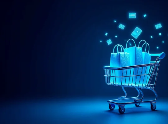 Carrinho de compras digital com sacolas representando estratégias de D2C e marketplaces