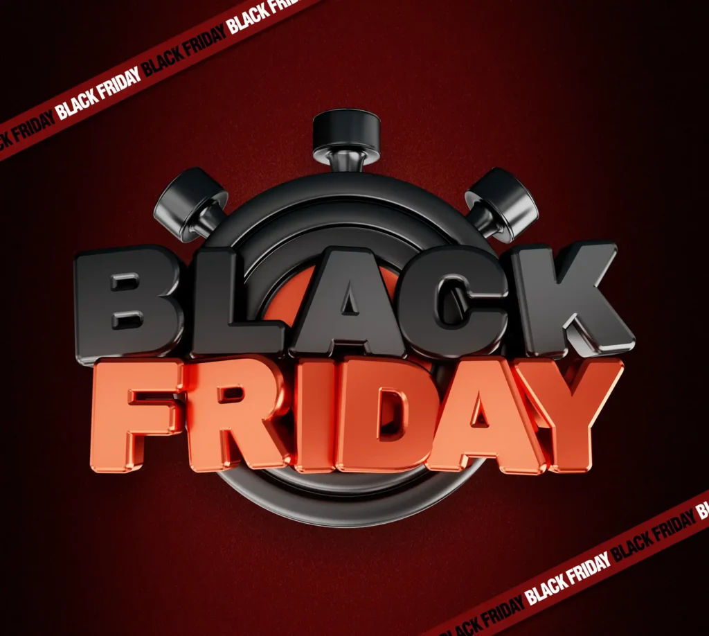 Ilustração com texto Black Friday e cronômetro sobre fundo vermelho, representando promoções, descontos e preparação para a Black Friday 2026