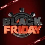 Ilustração com texto Black Friday e cronômetro sobre fundo vermelho, representando promoções, descontos e preparação para a Black Friday 2026