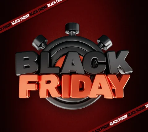 Ilustração com texto Black Friday e cronômetro sobre fundo vermelho, representando promoções, descontos e preparação para a Black Friday 2026