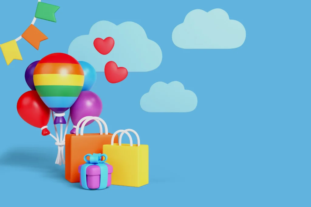 Ilustração com balões coloridos, sacolas de compras e presente sobre fundo azul com nuvens e corações