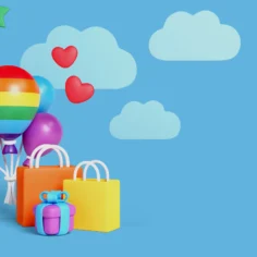 Ilustração com balões coloridos, sacolas de compras e presente sobre fundo azul com nuvens e corações