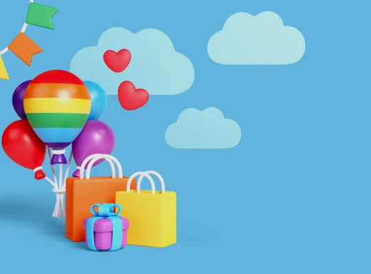 Ilustração com balões coloridos, sacolas de compras e presente sobre fundo azul com nuvens e corações