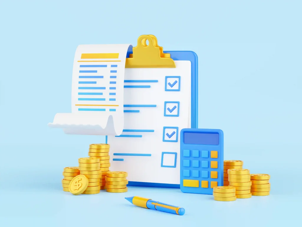 Ilustração de calculadora, lista de compras e moedas representando o orçamento para compras no Dia das Crianças