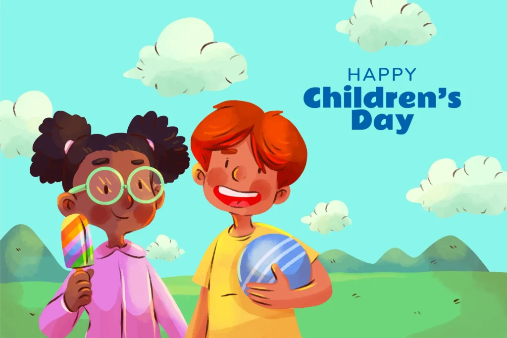 Ilustração de duas crianças com brinquedos e a mensagem Happy Children’s Day em uma paisagem colorida