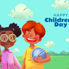 Ilustração de duas crianças com brinquedos e a mensagem Happy Children’s Day em uma paisagem colorida
