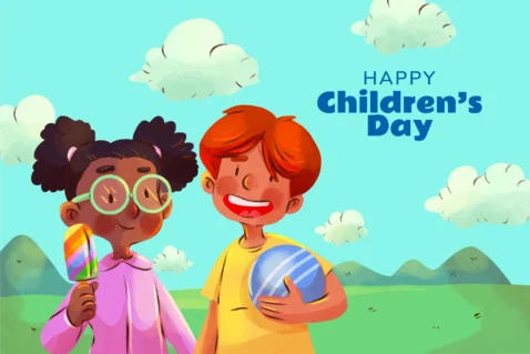 Ilustração de duas crianças com brinquedos e a mensagem Happy Children’s Day em uma paisagem colorida