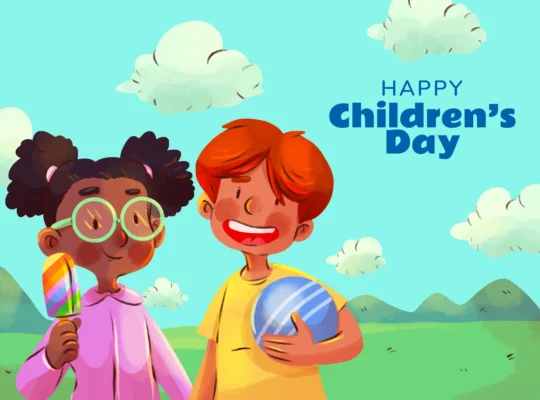 Ilustração de duas crianças com brinquedos e a mensagem Happy Children’s Day em uma paisagem colorida