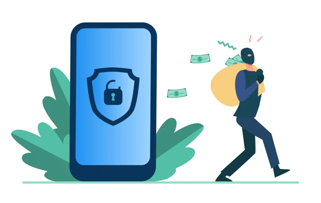 Ilustração de celular protegido por escudo e cadeado enquanto criminoso foge com dinheiro
