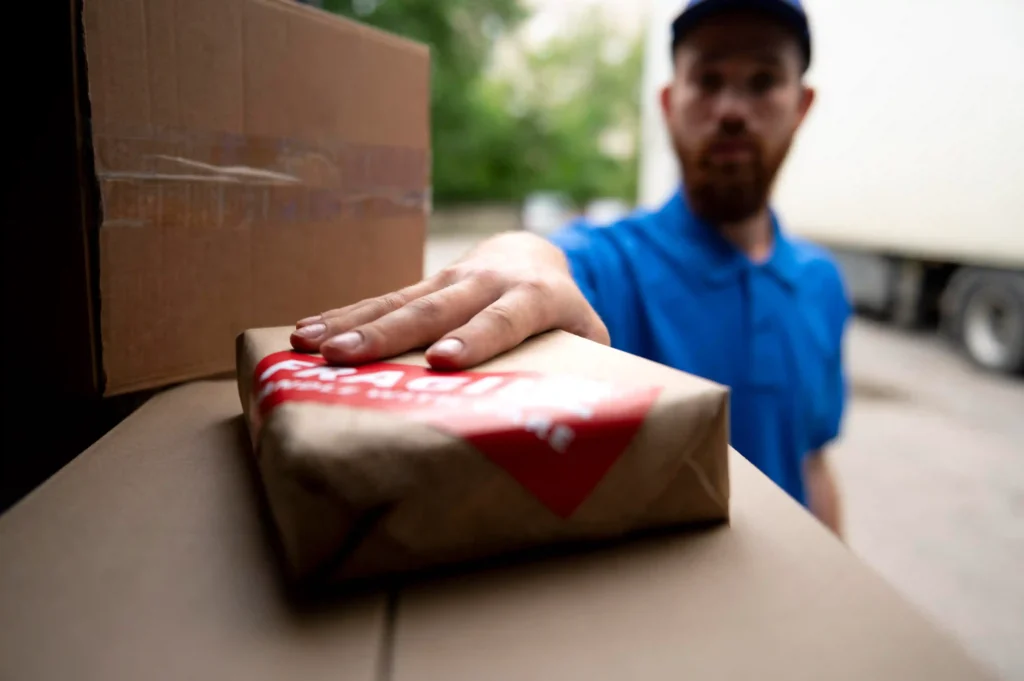 Entregador colocando uma encomenda em uma caixa durante operação de transporte, representando a greve dos Correios e os possíveis atrasos na entrega de pedidos