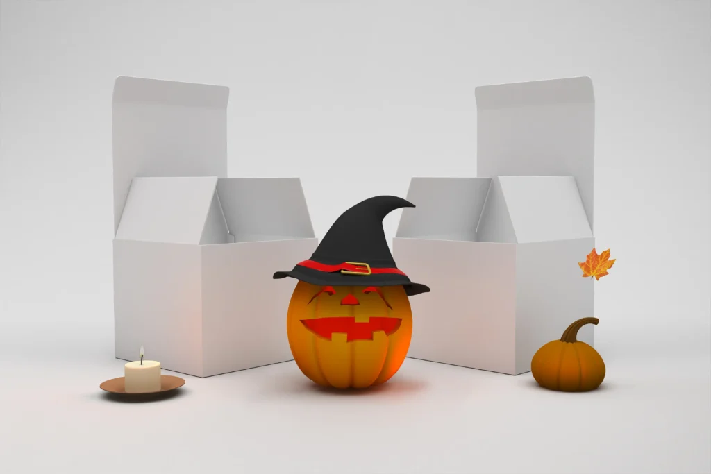 Abóbora de Halloween com chapéu de bruxa entre caixas brancas abertas em fundo branco