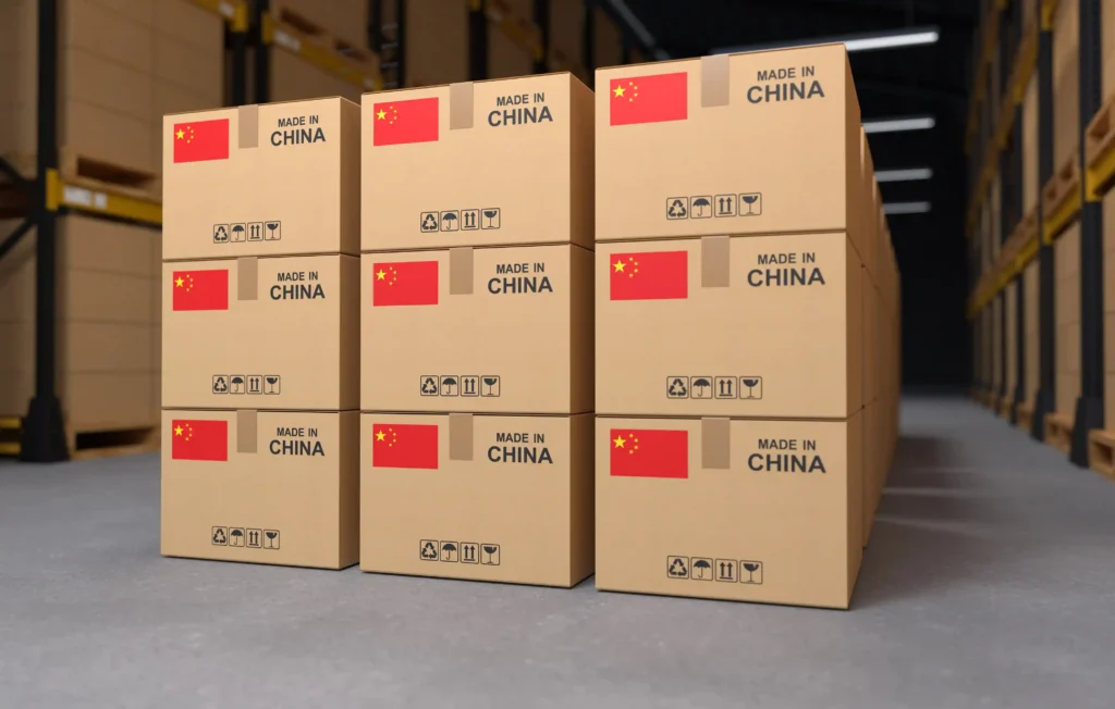 Caixas com identificação “Made in China” empilhadas em um armazém
