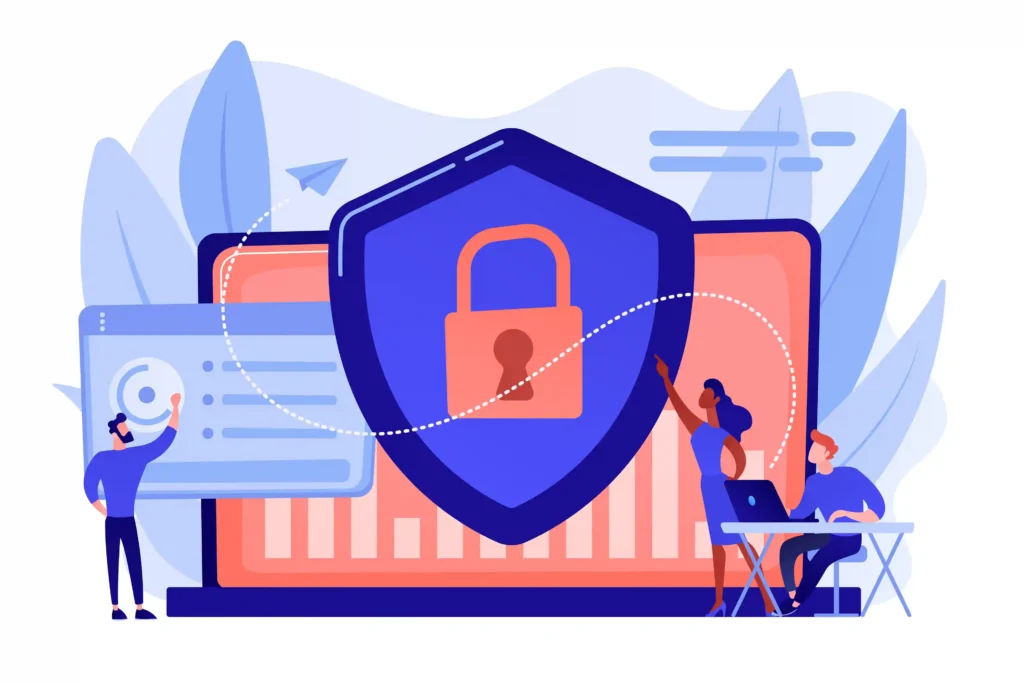 Ilustração de escudo com cadeado protegendo informações digitais em uma tela, representando segurança, proteção de dados de clientes e privacidade no e-commerce