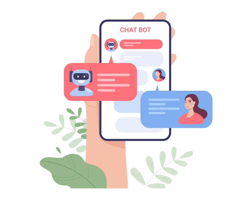 Ilustração de uma mão segurando celular com chatbot e balões de conversa entre usuário e inteligência artificial, representando o uso do MCP JoomPulse para analisar o mercado com IA