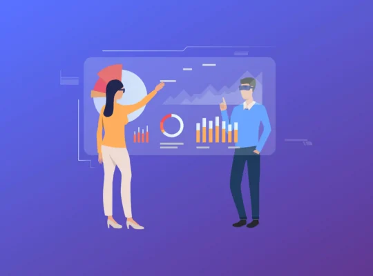 Ilustração de duas pessoas analisando gráficos de barras, linhas e indicadores em um painel digital, representando análises de mercado feitas com IA por meio do MCP JoomPulse