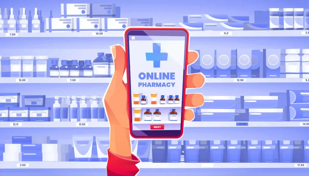 Ilustração de celular com farmácia online e medicamentos disponíveis para compra pela internet
