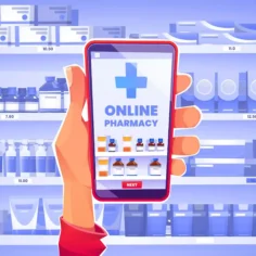 Ilustração de celular com farmácia online e medicamentos disponíveis para compra pela internet