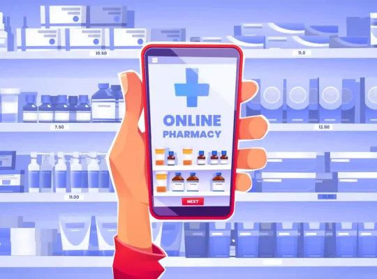 Ilustração de celular com farmácia online e medicamentos disponíveis para compra pela internet