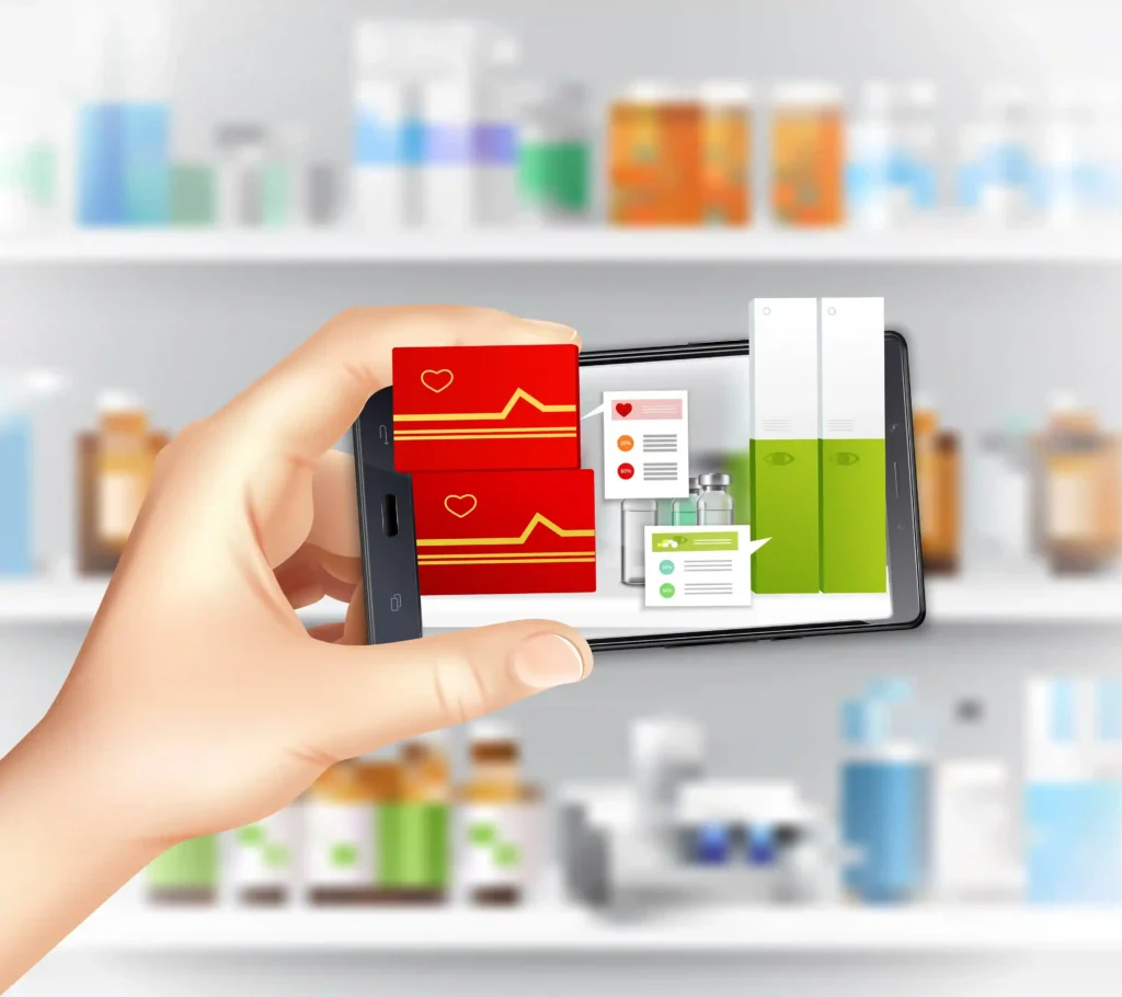 Celular exibindo medicamentos diante de prateleiras de farmácia para representar a venda de medicamentos pela internet