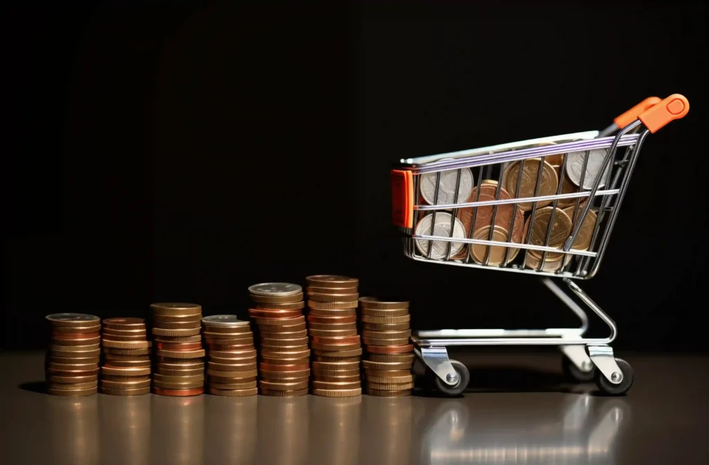 Carrinho de compras com moedas e pilhas de dinheiro representando a análise de margem antes de vender na Shopee