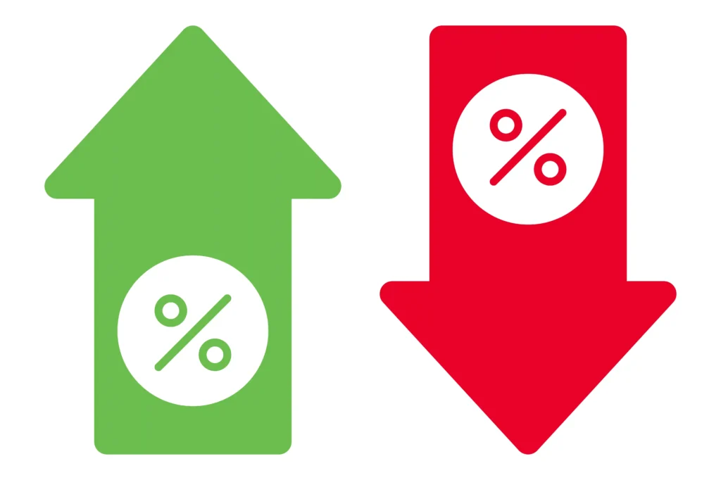 Ilustração com duas setas em sentidos opostos, uma verde apontando para cima e outra vermelha para baixo, ambas com símbolos de porcentagem, representando variações de preço na análise de produtos para vender na Shopee