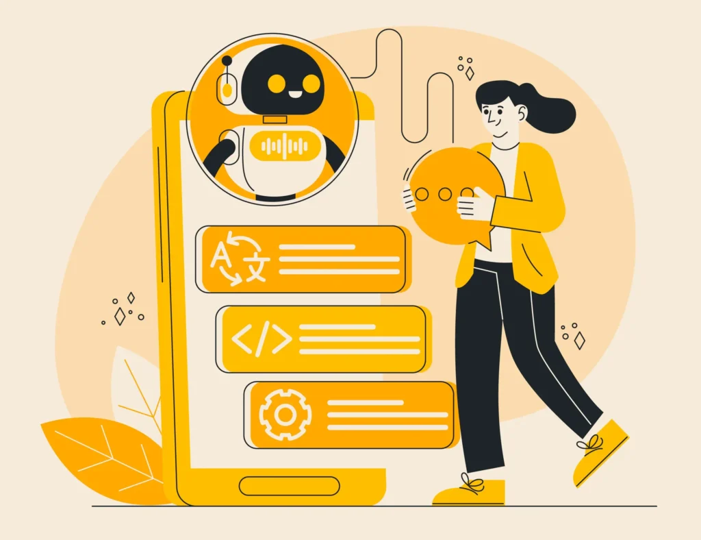 Ilustração de assistente de IA em celular ao lado de mulher usando chatbot
