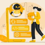 Ilustração de assistente de IA em celular ao lado de mulher usando chatbot