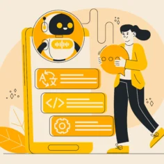 Ilustração de assistente de IA em celular ao lado de mulher usando chatbot