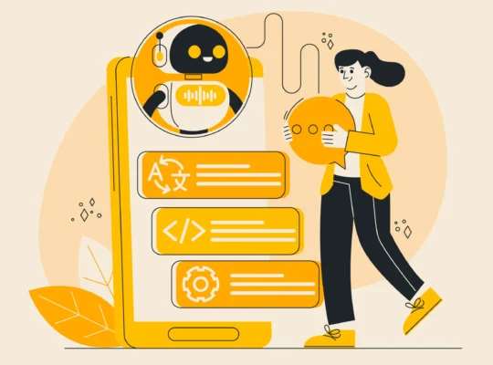 Ilustração de assistente de IA em celular ao lado de mulher usando chatbot