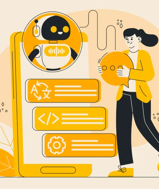 Ilustração de assistente de IA em celular ao lado de mulher usando chatbot