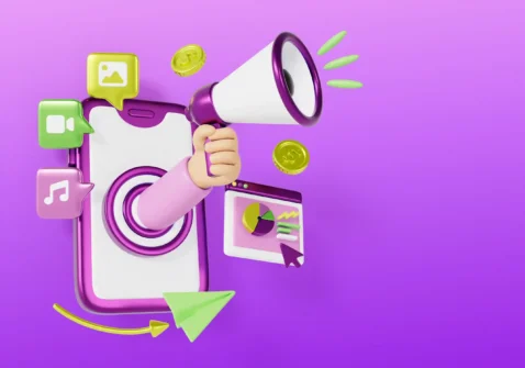 Ilustração de celular com megafone, moedas, gráficos e ícones de mídia digital representando campanhas e anúncios no Shopee Ads