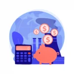 Ilustração de cofrinho, calculadora, moedas e fábrica representando o cálculo do lucro por venda