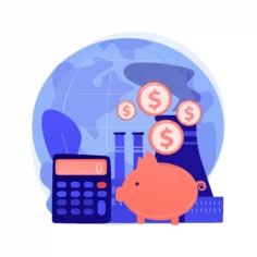 Ilustração de cofrinho, calculadora, moedas e fábrica representando o cálculo do lucro por venda