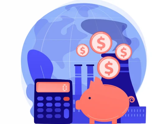 Ilustração de cofrinho, calculadora, moedas e fábrica representando o cálculo do lucro por venda