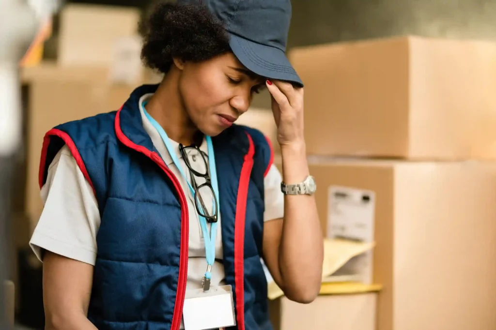 Funcionária de logística com uniforme azul e boné segurando a testa, com expressão de preocupação, diante de caixas de papelão em um estoque