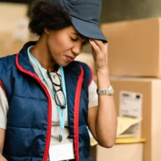 Funcionária de logística com uniforme azul e boné segurando a testa, com expressão de preocupação, diante de caixas de papelão em um estoque