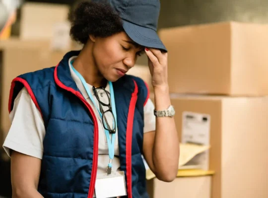 Funcionária de logística com uniforme azul e boné segurando a testa, com expressão de preocupação, diante de caixas de papelão em um estoque