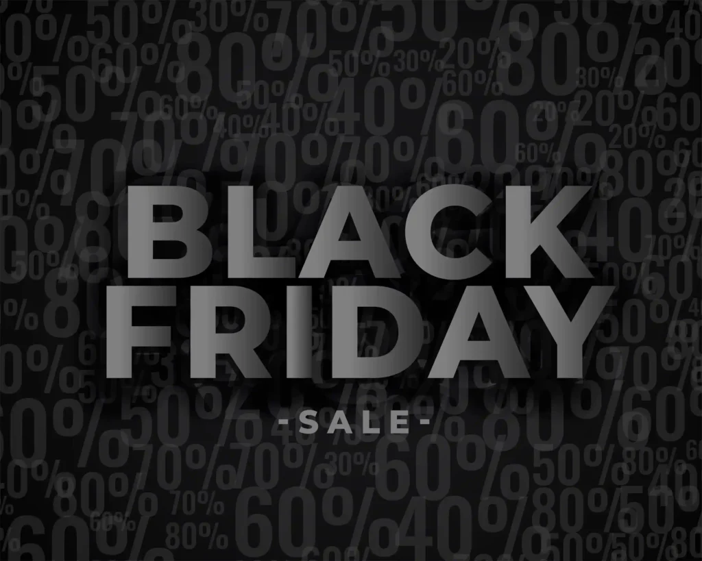 Texto Black Friday Sale em destaque sobre fundo preto com diferentes porcentagens de desconto