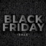 Texto Black Friday Sale em destaque sobre fundo preto com diferentes porcentagens de desconto
