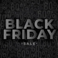Texto Black Friday Sale em destaque sobre fundo preto com diferentes porcentagens de desconto
