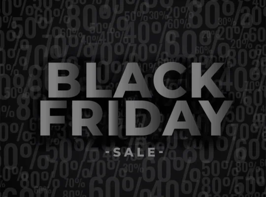 Texto Black Friday Sale em destaque sobre fundo preto com diferentes porcentagens de desconto