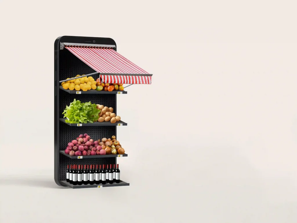 Ilustração de um celular com prateleiras de frutas, verduras e bebidas, representando um supermercado online