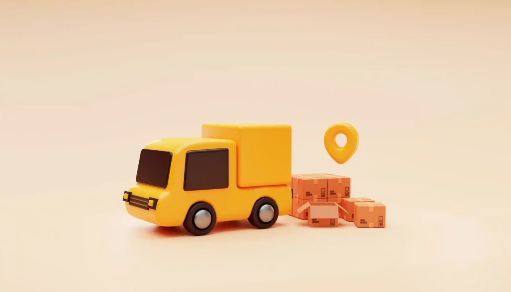 Ilustração de caminhão amarelo ao lado de caixas de encomendas e ícone de localização